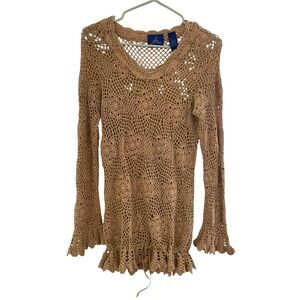 Y2K Boho Crochet Open Knit Top Beaded‎ Floral Beige Hippie Festival Fairy L